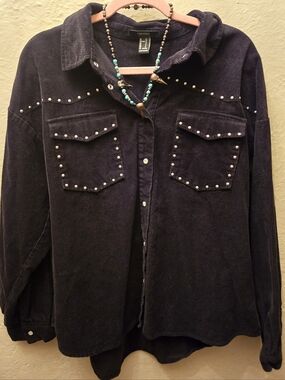 Studded Corduroy Western Shirt L Black Snap Button Cowgirl Boho